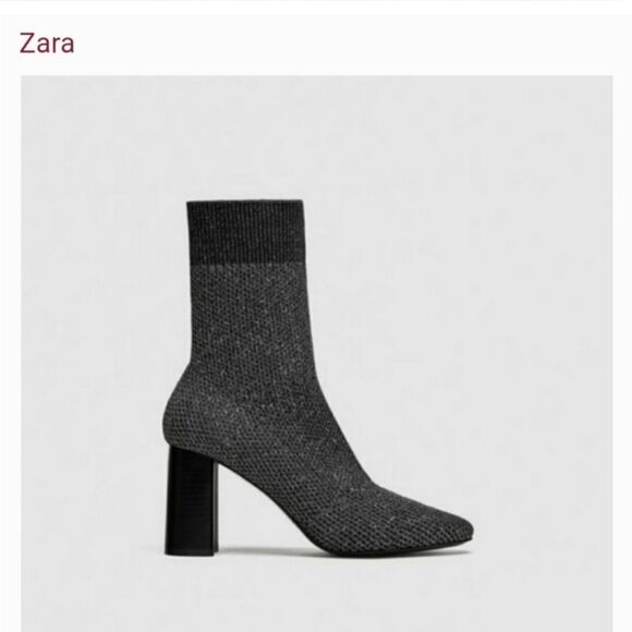 Zara Black Silver Metallic Sock Bootie Chunky Heel Slip On Size 40 - Picture 1 of 12